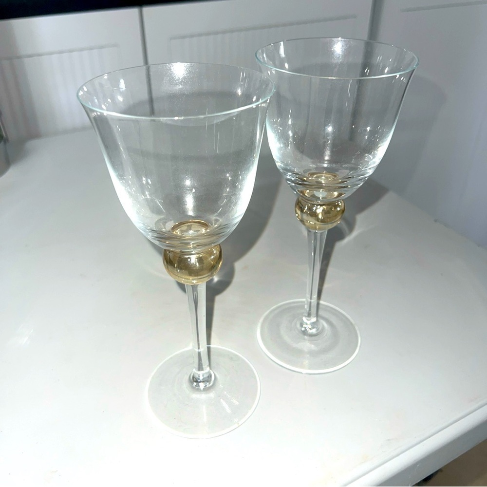 Set of 2 Vintage Krosno Crystal Wine Glasses with Amber Colored Ball Stem